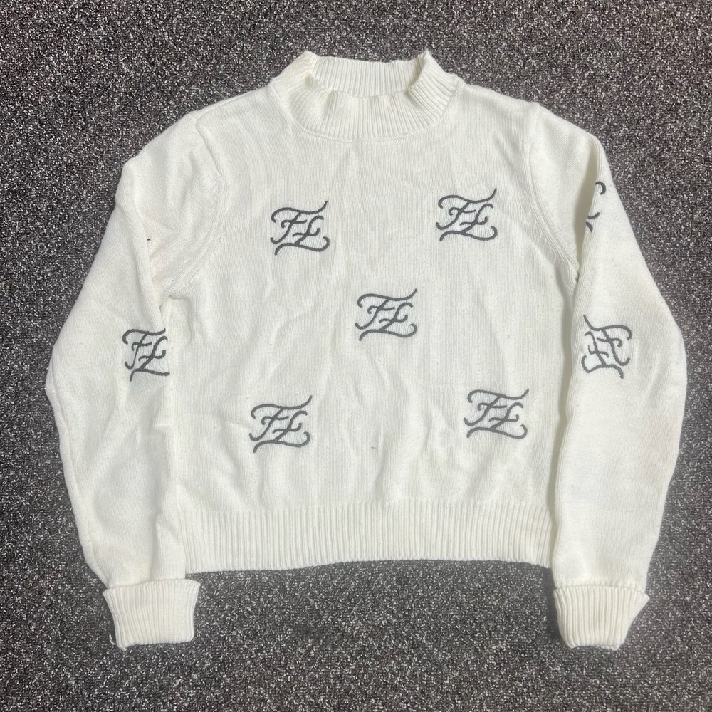 Gill Judith Embroidered All Over Print Sweater Designer Monogram White Black Med